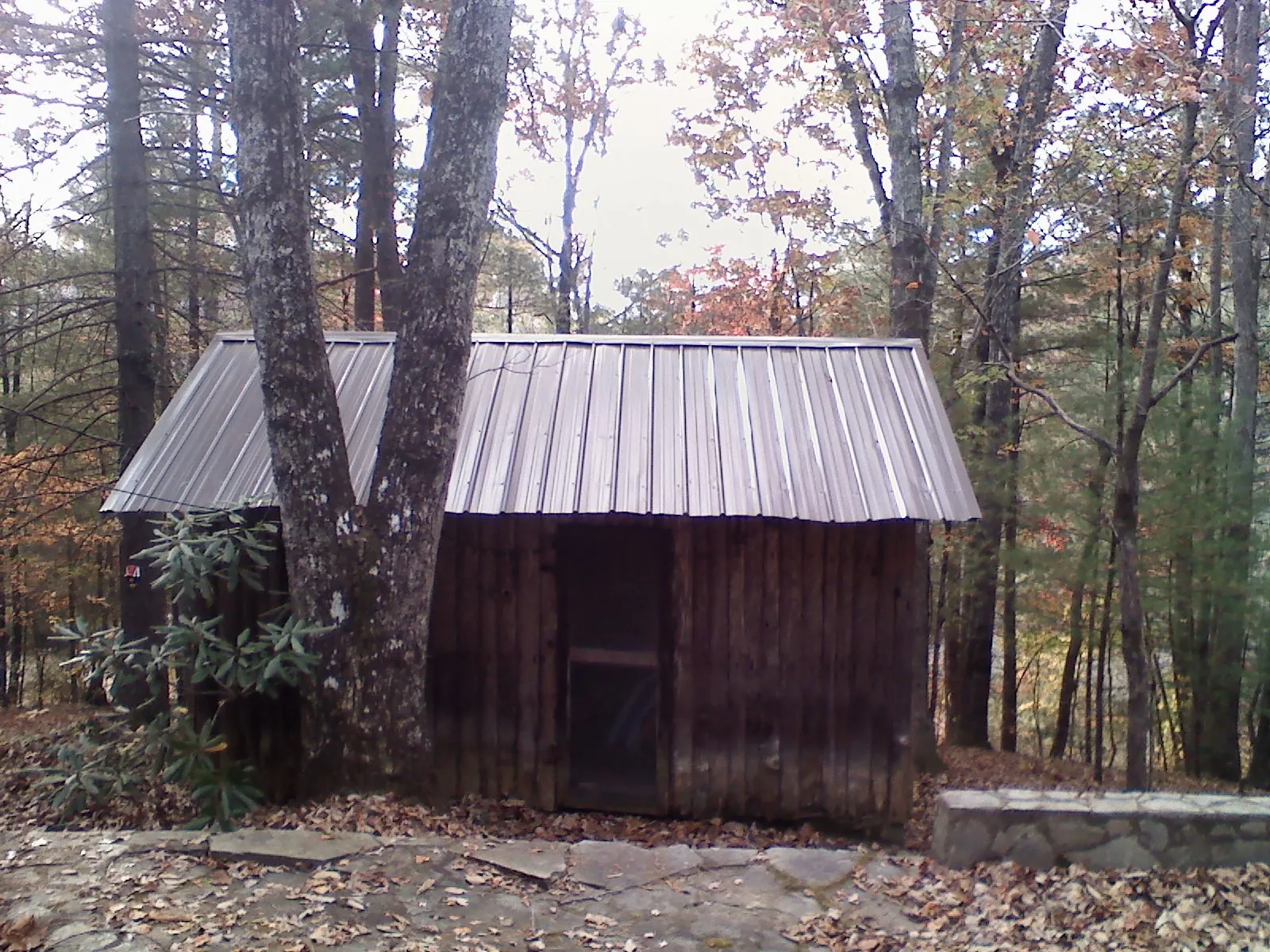 New metal gable roof on a small log shed among the trees in Boling