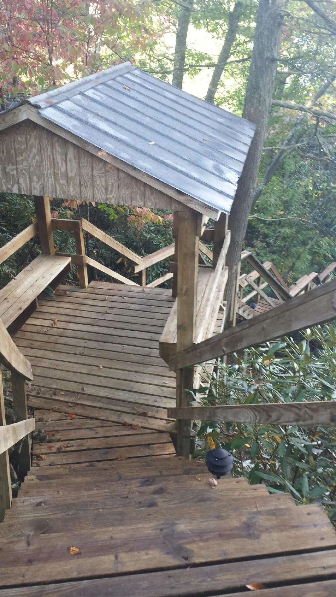 Metal roofed shelter over wooden steps on a wooded walkway — Skylight Repair & Installation work by our crew in Boling